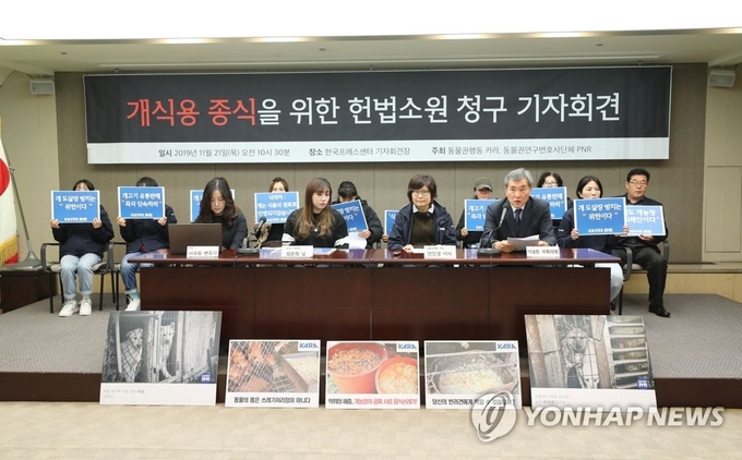 동물권행동 카라, 동물권연구변호사단체 PNR 등 회원들이 21일 오전 서울 중구 프레스센터에서 '개식용 종식을 위한 헌법소원심판 청구 기자회견'을 하고 있다