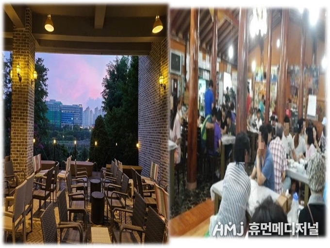 붐비는 식당과 텅빈 카페